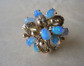 14K Opal Deep Blue Yellow Gold Ring Cocktail Cluster Chunky Vintage size 5 1/2 Karat KT Solid 9.60 grams