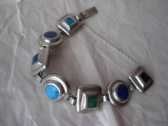 Vintage Taxco Sterling Silver Inlay Azurite Lapis Malachite Link Bracelet 7.5 Vintage Sterling Silver Inlay Azurite Bracelet Azurite