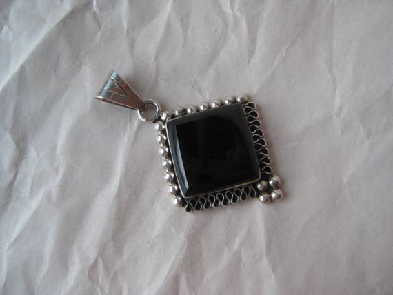 Onyx Square Filigree Sterling Pendant Stone Silve… - image 3