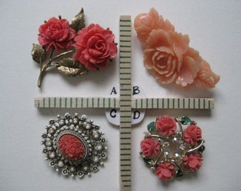 Each - Vintage Flower Rose Salmon Pink Aurora Gold Celluloid Brooch Pin Plastic