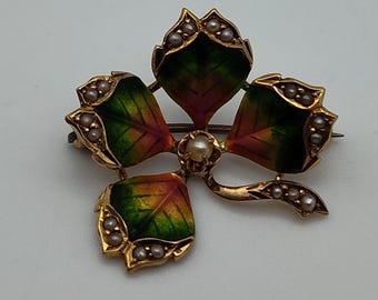 Antique 10K Yellow Gold 4 leaf Clover Enamel Pearl Orange/Red Green Brooch Pin Lapel