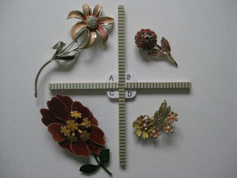 Each Vintage Flower Orange Rust Yellow Aurora Pearl Enamel Gold Brooch Pin Rhinestone