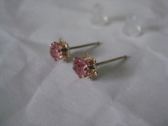 14K Pink Stone Stud Yellow Gold Earrings Vintage … - image 5