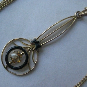Art Deco 10K Yellow Gold Pearl Black Enamel Necklace Karat KT Solid Vintage Pendant