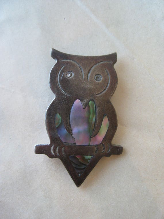 Owl Sterling Abalone Brooch Silver Pin Vintage 92… - image 3