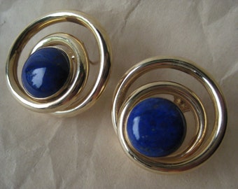 14K Lapis Yellow Gold Earrings Vintage Karat KT Solid Pierced PBD Peter Brams Design Circle Blue Modern