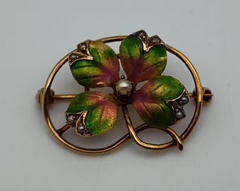 Antique 10K Yellow Gold 4 leaf Clover Enamel Pearl Pink Green Brooch Lapel Pin