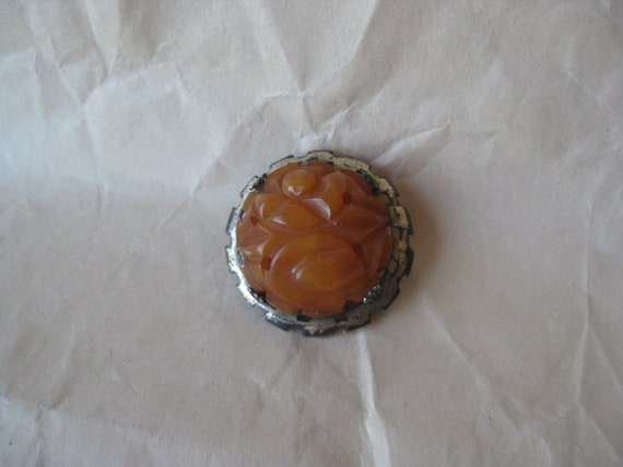 Bakelite Flower Carved Yellow Brooch Pin Vintage … - image 3