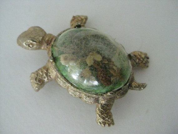Turtle Dried Flowers Green Gold Brooch Dome Windo… - image 1