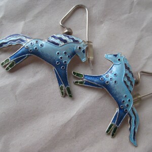 Horse Blue Enamel Dangle Sterling Earrings Pierced Wire Silver Vintage 925