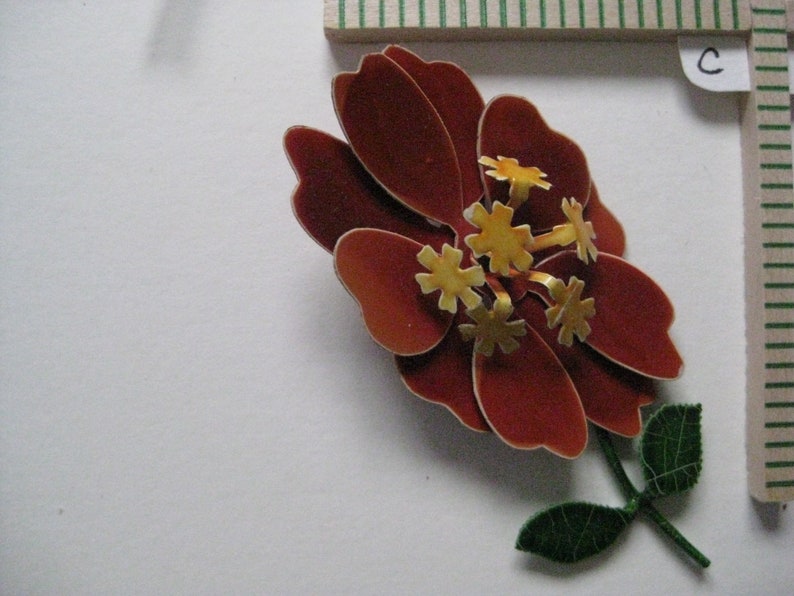 Each Vintage Flower Orange Rust Yellow Aurora Pearl Enamel Gold Brooch Pin Rhinestone
