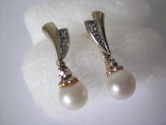 10K Dangle Pearl Drop Clear Stone Yellow White Go… - image 1