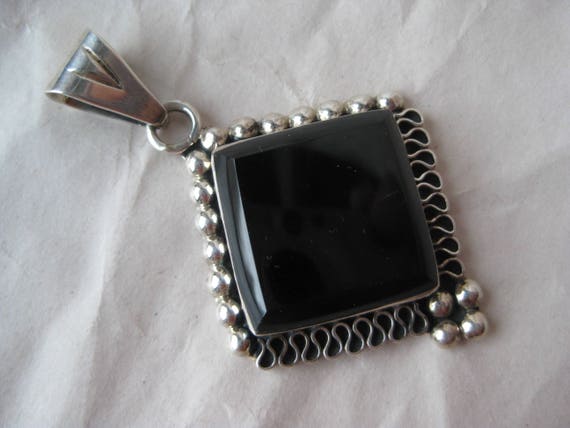 Onyx Square Filigree Sterling Pendant Stone Silve… - image 1