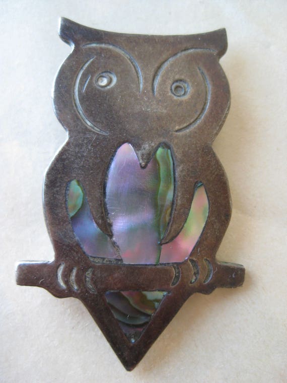 Owl Sterling Abalone Brooch Silver Pin Vintage 92… - image 2