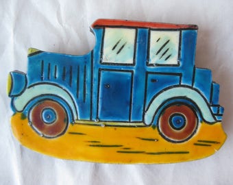 Car Blue Orange Brooch Pin Vintage Plastic Western Germany Automobile Auto