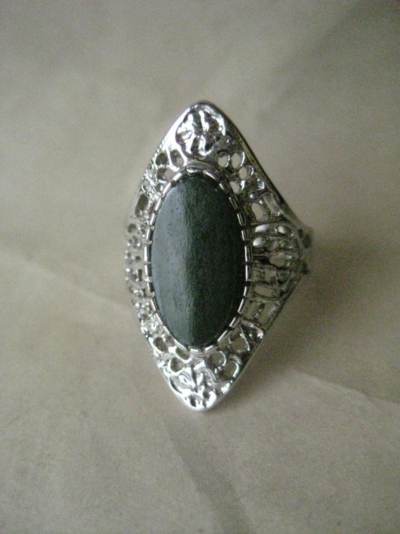 Jade Marquise Filigree Sterling Ring Vintage Ston… - image 2