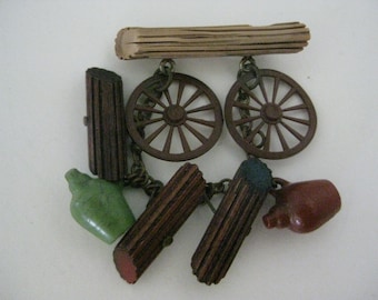 Wagon Wheels Booze Jugs Logs Dangle Brooch Pin Vintage Celluloid Plastic Brown Green Western