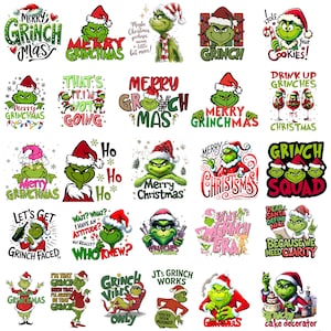 May include: A collection of twenty-five digital illustrations featuring the green Grinch character in various Christmas-themed poses and outfits, accompanied by festive text such as Merry Grinchmas, Grinch Squad, and other holiday-related phrases.