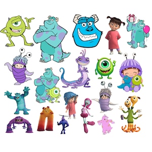 Könnte beinhalten: Eine Sammlung von Aufklebern mit Charakteren aus Die Monster AG, darunter Mike Glotzkowski, Sulley, Boo, Randall und andere Kreaturen in verschiedenen Posen, Farben und Ausdrücken, dargestellt vor einem schlichten weißen Hintergrund.