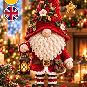 Modèle PDF de gnome de Noël des bois au crochet, gnome amigurumi des bois, décoration de Noël, gnome au crochet avec lanterne, cadeau de Noël)