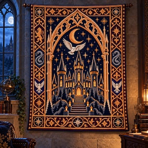 May include: A rectangular wall tapestry featuring a dark blue background with a golden gothic archway framing a castle, a crescent moon, and a flying owl. The border displays golden stars, lions, snakes, and owls in a repeating pattern.