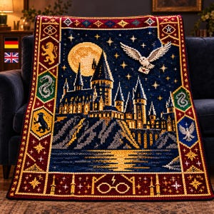 May include: A rectangular woven throw blanket featuring a dark blue night sky, a large yellow moon, a castle on a cliff, and a white owl carrying a letter. The border displays four colorful house crests, star patterns, and round glasses.