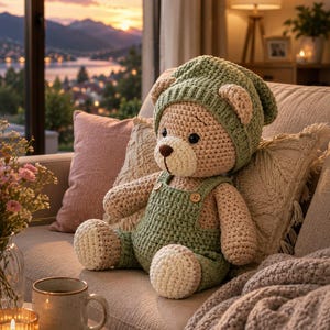 May include: A beige crochet teddy bear wearing a sage green knit hat and matching sage green overalls with two small wooden buttons on the straps. The bear has dark eyes, a brown stitched nose, and light beige paws on its feet and hands.