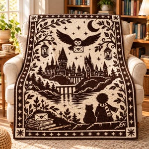 Puede incluir: Una manta tejida rectangular con un diseño en marrón oscuro y crema que muestra un castillo, un búho volando con una carta, una luna creciente, estrellas, linternas, una pila de libros con un sobre, un gato y una persona con bufanda.