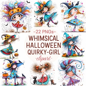 Könnte beinhalten: Eine Sammlung von 22 digitalen Illustrationen mit Zeichentrickfiguren in Halloween-Kostümen, darunter Hexen mit buntem Haar, Kürbisse, schwarze Katzen und Krähen, mit dem Text 22 PNGS WHIMSICAL HALLOWEEN QUIRKY-GIRL clipart.