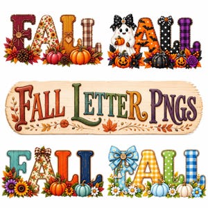 Fall & Halloween Letter PNG Bundle, Clipart de d’Automne, Citrouille pour Sublimation, Lettres d’Automne, Lettre d’Automne Style Patchwork