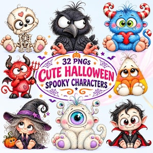 Könnte beinhalten: Eine digitale Sammlung von 32 PNG-Dateien mit niedlichen Halloween-Figuren, darunter ein Skelett, ein schwarzer Vogel, ein blaues Monster, ein roter Teufel, ein Zuckermais, eine Hexe, ein einäugiges Wesen und ein Vampir mit dem Text 32 PNGs CUTE HALLOWEEN SPOOKY CHARACTERS.