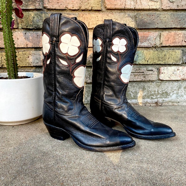 Vintage Tony Lama Boots Black and White Flowers