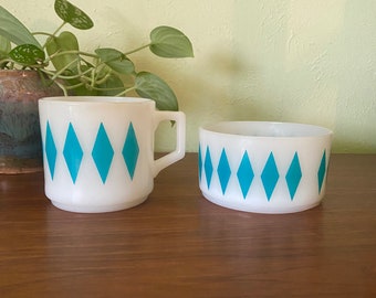 Fire King Turquoise Diamond Harlequin Milk Glass Mug and Bowl Set