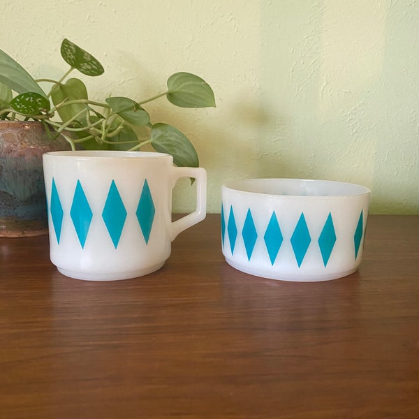 Fire King Turquoise Diamond Harlequin Milk Glass Mug and Bowl Set