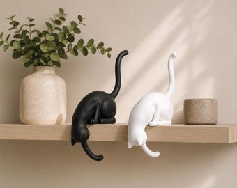 Statuetta di gatto che sbircia / Ornamento minimalista da appoggio su mensola (Nero opaco/Bianco)