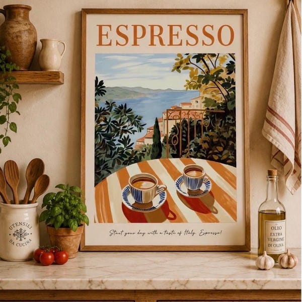 Italian Espresso Kitchen Print | Riviera Cafe Wall Art, Coffee Lover Decor