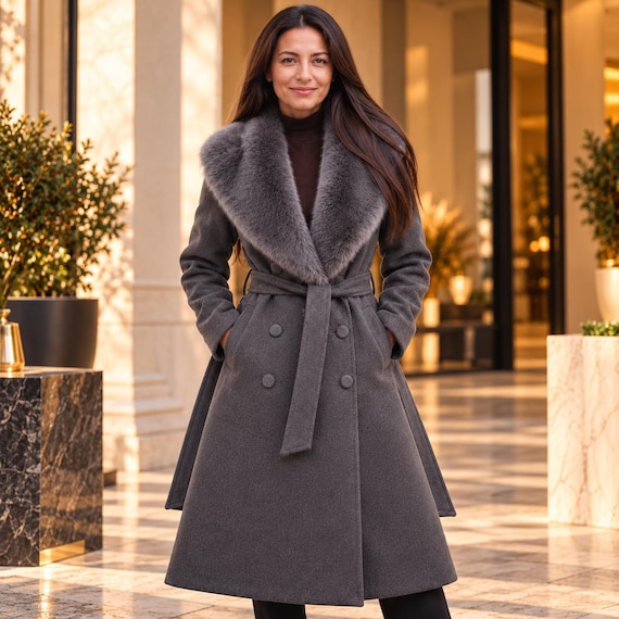 Women's Charcoal Grey Wool Coat, Faux Fur Collar Winter Overcoat, Long Belted A Line Jacket, Elegant Gothic Outerwear, Gift for Her