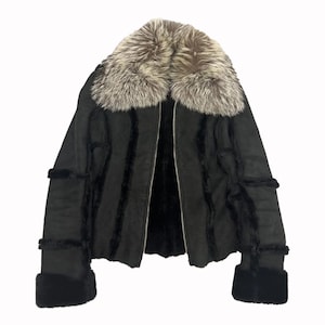 Vintage Black Shearling Suede Jacket | Fox Fur Collar, Patchwork Panels, Y2K Style