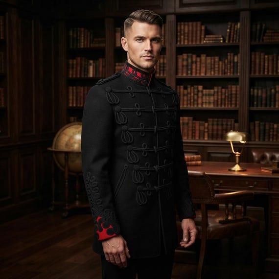 Hussar Military Jacket — Mens Gothic Wool Coat — Braided Officer Tunic
