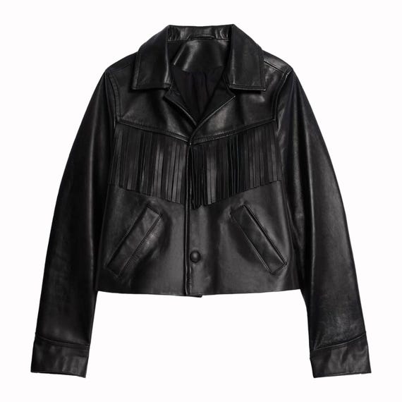 Black Genuine Leather Cropped Fringe Jacket, Western Moto Cowgirl Coat