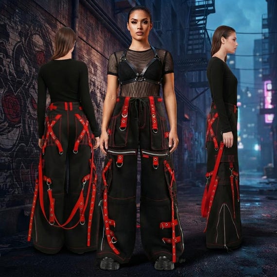 Goth Cargo Pants — Mall Goth Bondage Trousers — Red Contrast Strap Techwear — Y2K Punk Wide Leg