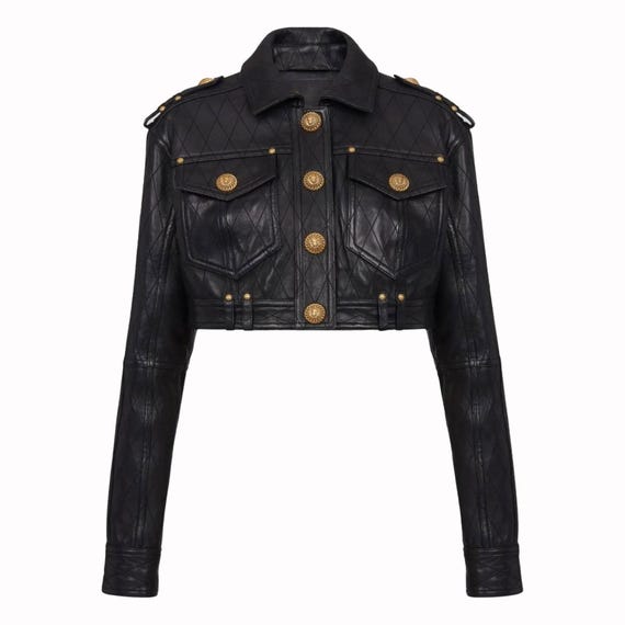 Black Faux Leather Cropped Jacket | Gold Lion Button Military Quilted Moto Style