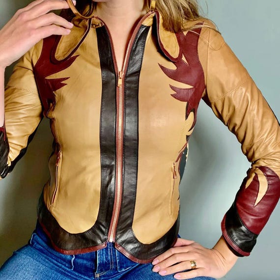 Vintage Leather Flame Moto Jacket, Hand-Painted Luna Moth Design, Y2K Color Block