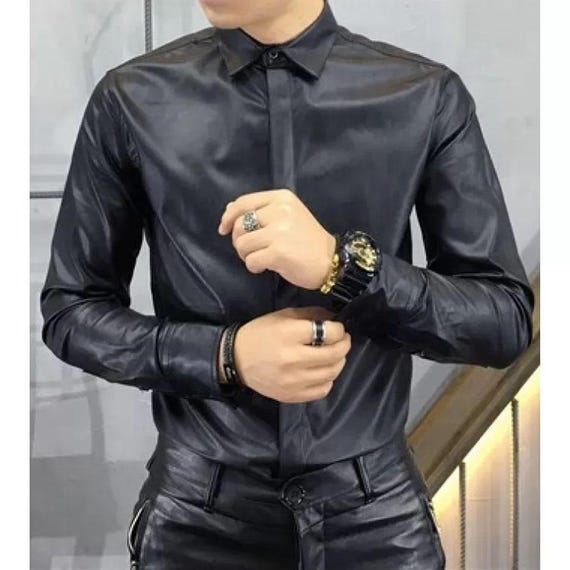 Men's Black Faux Leather Slim Fit Shirt, Rocker Gothic Clubwear Button Up
