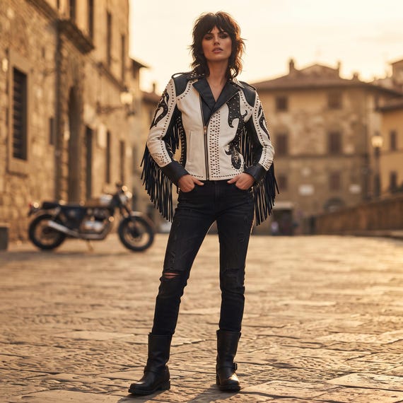 Studded Leather Jacket — Punk Fringe Motorcycle Coat — Black White Festival Outerwear