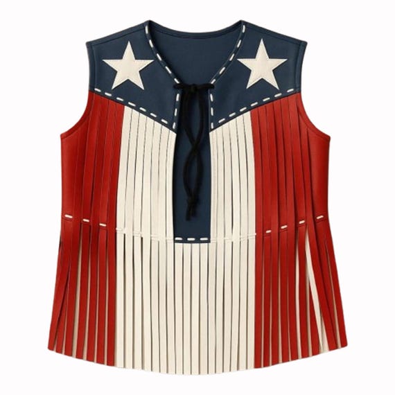 Women's Star Fringe Vest, Blue Red White Faux Leather Western Cowgirl Vest, Tie Front Sleeveless Waistcoat, Rodeo Festival Outfit