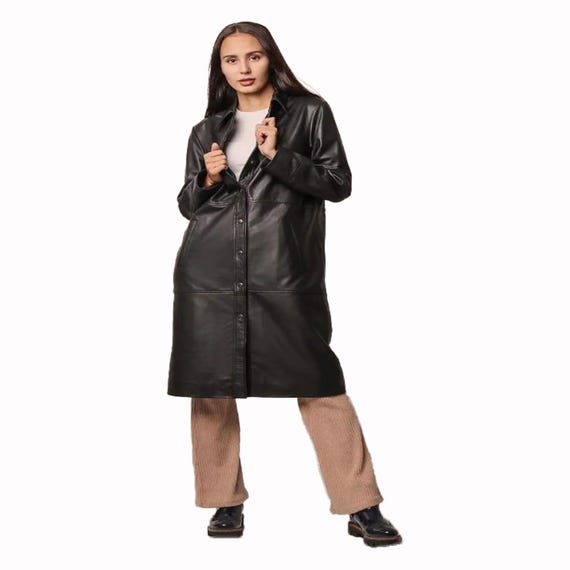 Black Genuine Leather Long Coat Women, Oversized Shirt Jacket, Trench Style Outerwear