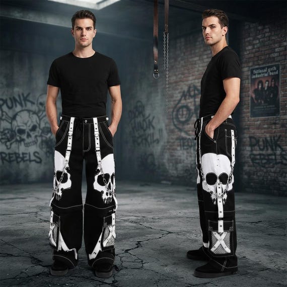 Mall Goth Cargo Pants — Y2K Skull Print Bondage Trousers — Cyberpunk Wide LegWhite Skull Print Cargo Pants | Gothic Harness Strap Trousers