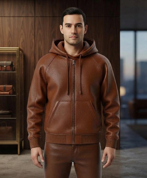 Leather Hoodie Jacket — Mens Brown Genuine Leather Coat — Fall Streetwear