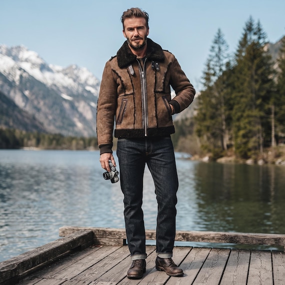 Shearling Bomber Jacket — Mens Vintage Leather Flight Coat — Brown Aviator Winter Outerwear — Rustic Cold Weather Gift